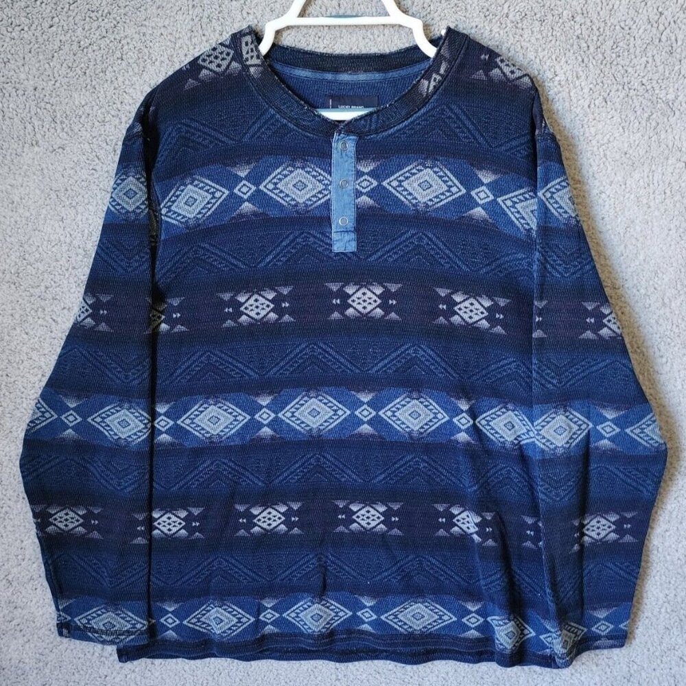 Lucky Brand Blue Aztec Snap Button Henley Thermal Long Sleeve‎ Shirt Size XL